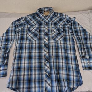 90's Wrangler Blue Plaid Pearl Snap Long Sleeve SZ Large